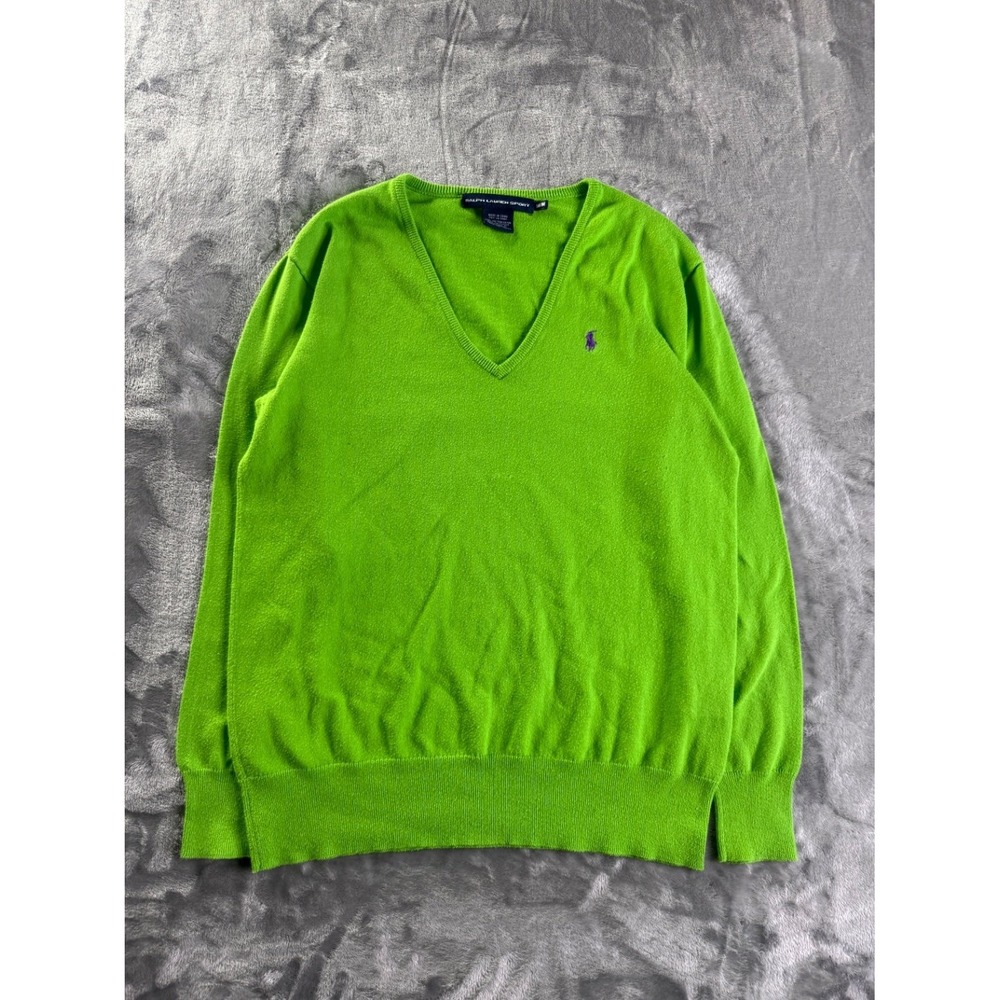 Ralph Lauren Sport Women's V-Neck Sweater Lime Green Cotton Blend Size M Pony